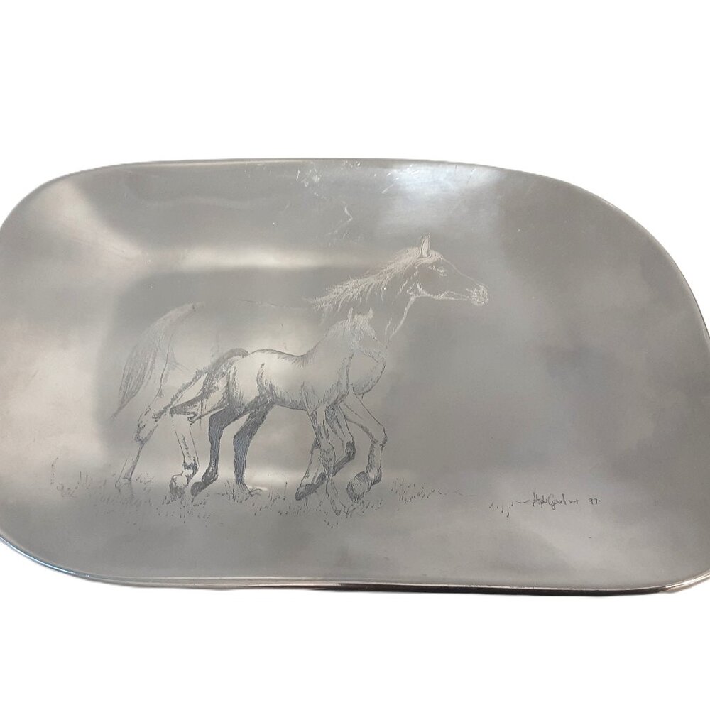 Vintage Hoselton Aluminum Tray Hand-Engraved Horse Motif Rustic Farmhouse Decor